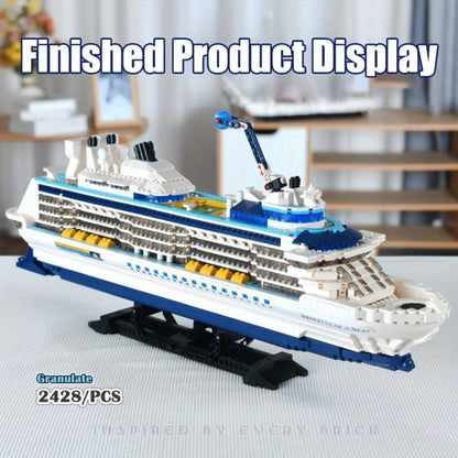 Cruise Ship Building Block Model with 2,428 Pieces, Display Stand, Support Frame and Detailed Deck Features