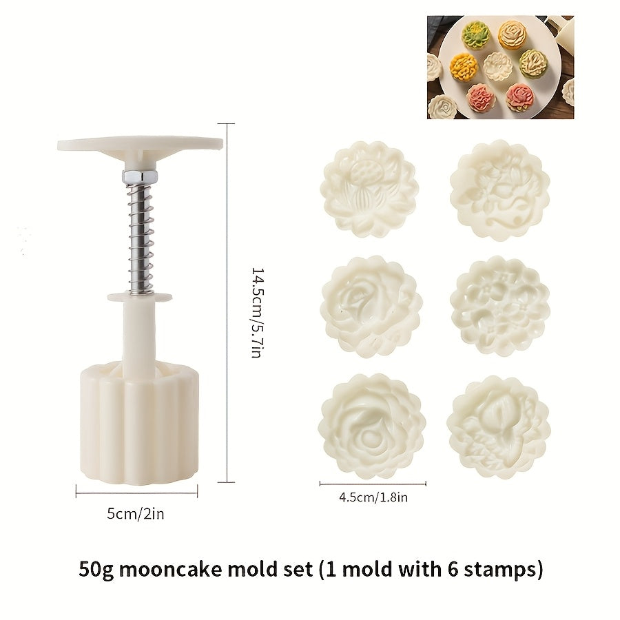 Seven-Piece 50 g Mooncake Press Set with Six Flower Pattern Stamps for Cookies and Pastry Baking