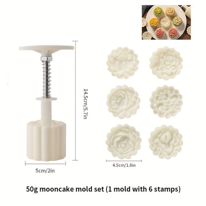 Seven-Piece 50 g Mooncake Press Set with Six Flower Pattern Stamps for Cookies and Pastry Baking