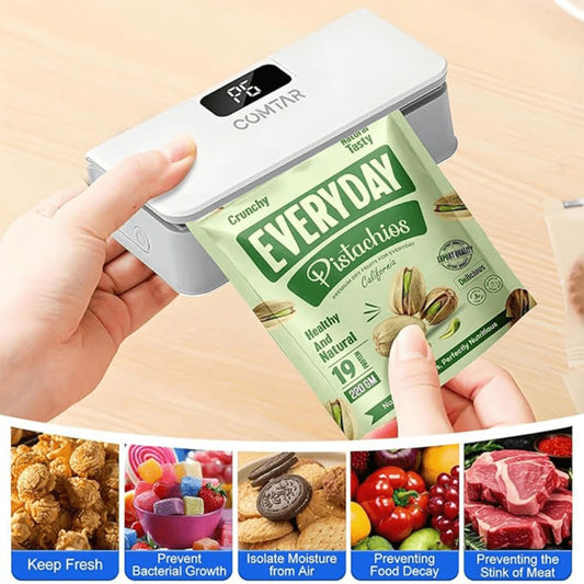 Portable Mini Bag Sealer USB Rechargeable – Handheld Food Sealer with Built-In Cutter for Fruits, Vegetables, Snacks & Chips – Compact Kitchen & Outdoor Picnic Sealing Tool, White & Blue