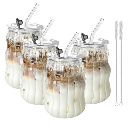 Borosilicate Glass Cups with Straws Cloud Design U-Shaped Insulated Cold Drink Glasses BPA-Free 18oz Set of 4 or 6