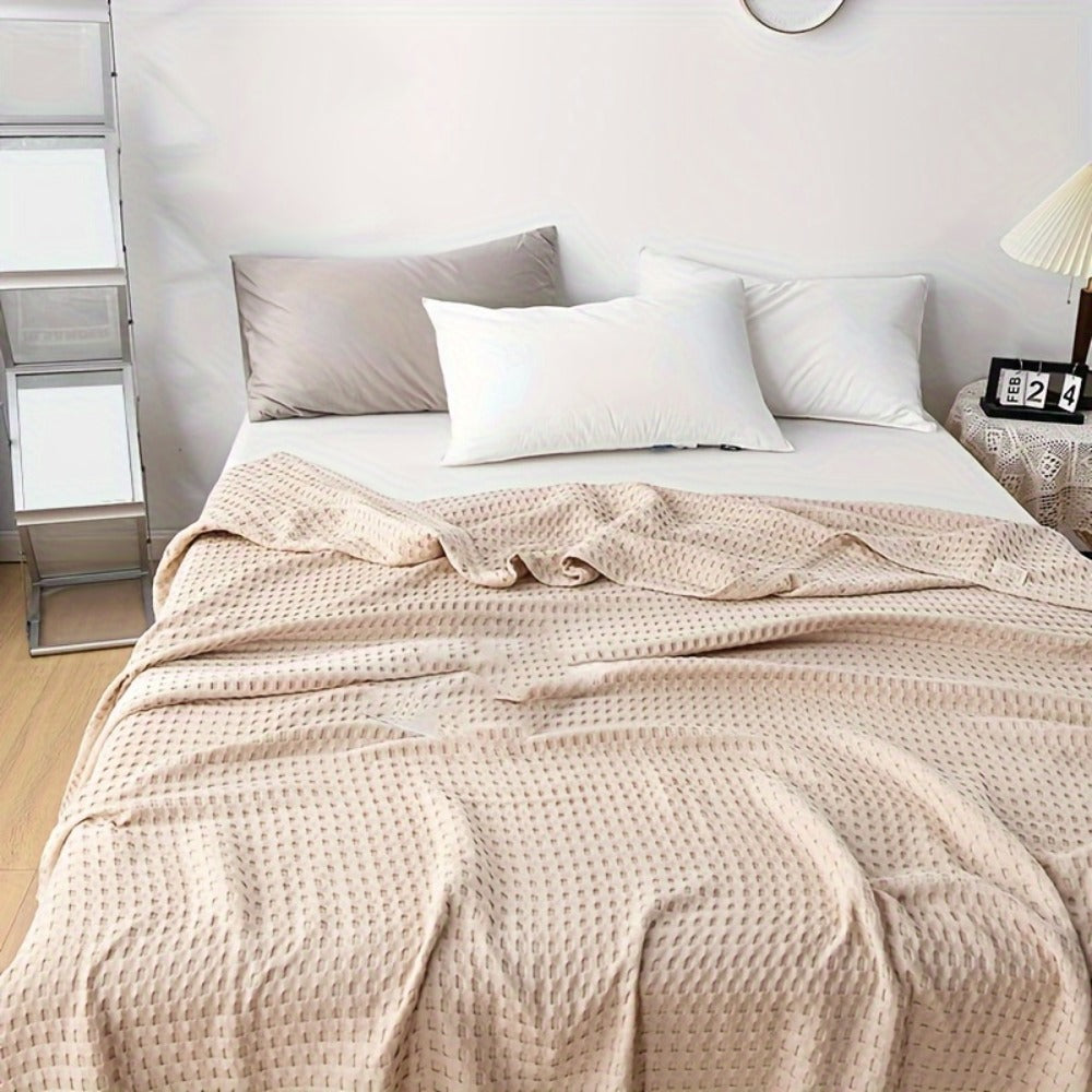 Cotton Waffle Blanket – Pure Cotton Multilayer Summer Cooling Quilt, Jacquard Knit, Machine Washable, Air Conditioning Blanket