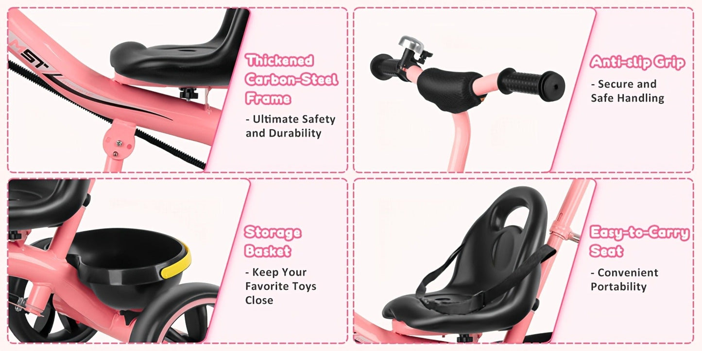 Push Handle Tricycle for Toddlers Girls Pink – 3 Wheel Trike Ages 18-60 Months with Padded Backrest, Safety Belt, Adjustable Seat | Best Birthday Gift for Kids 1 2 3 4 5 Year Old
