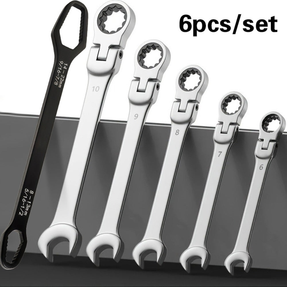 Six-Piece Metric Double-Ended Ratcheting Wrench Set with Flexible Heads, 6–10 mm Sizes and Roll Pouch