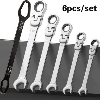 Six-Piece Metric Double-Ended Ratcheting Wrench Set with Flexible Heads, 6–10 mm Sizes and Roll Pouch