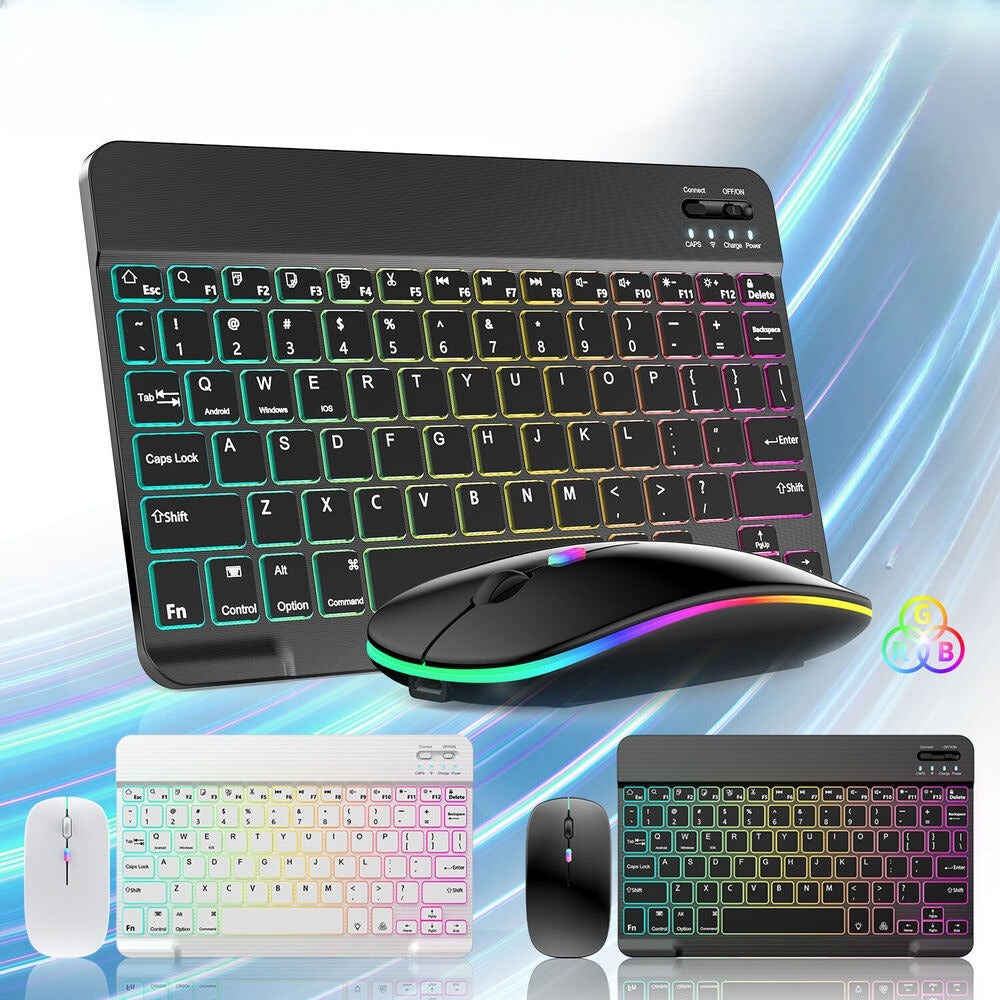 Wireless RGB Backlit Gaming Keyboard and Mouse Combo with Mouse Pad – 10-Inch Portable Keyboard Mouse Set for PC iOS Android Tablets | Rechargeable RGB Desk Setup Keyboard