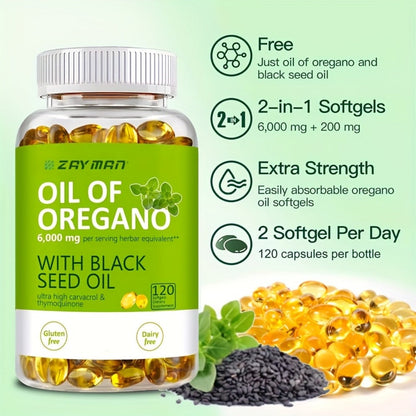 Herbal Supplements with ZEYMAN Label, Oregano Oil 6000mg and Black Seed Oil 200mg Softgels, 120 Count