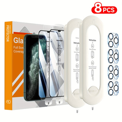Screen Protector, 8-Piece iPhone Tempered Glass Set with Four Screen Films, Four Camera Lens Covers and Alignment Tools