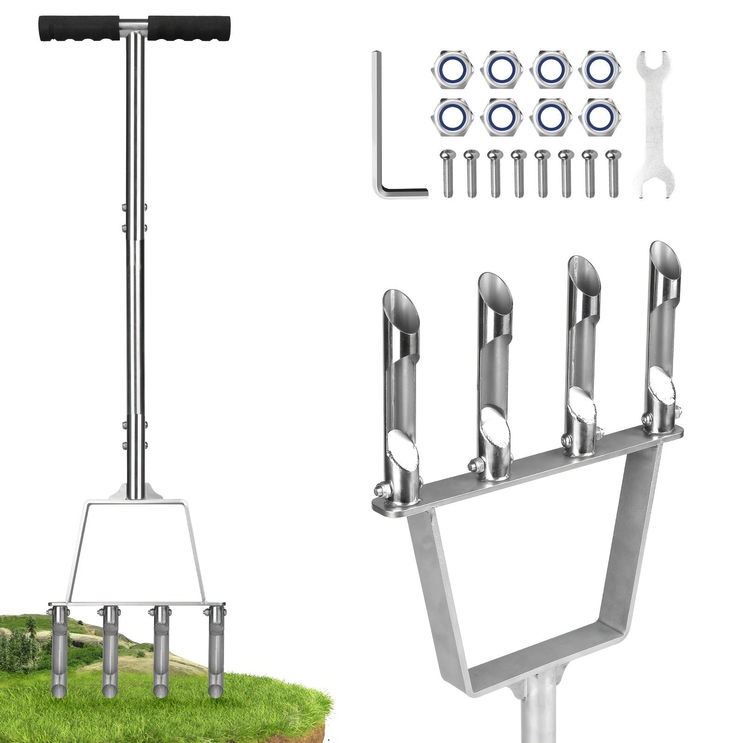 Lawn Core Aerator Tool with 4 Hollow Tines - Heavy Duty Manual Plug Aerator for Yard Soil Loosening, Thatch Removal, Grass Maintenance & Deep Core Aeration for Residential and Commercial Lawns