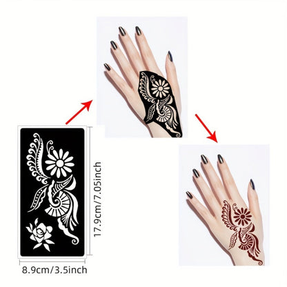 Nine-Sheet Reusable Tattoo Stencil Set with Long Floral and Henna-Style Pattern Cards in HN1 or HN2