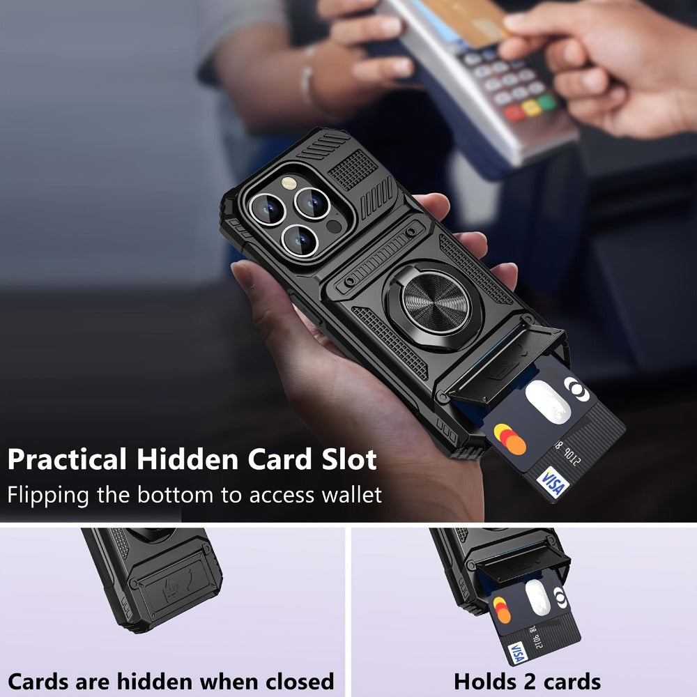 Phone Case Dual-Card Hard Shell Cover with 360° Metal Ring Kickstand for Select iPhone 7–17 Models