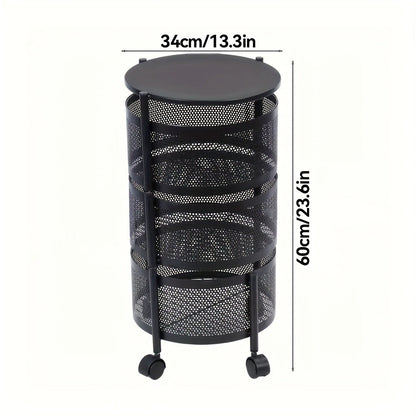 Round-Basket Rolling Storage Rack with Four or Five Mesh Levels, Caster Base and Black or White Finish