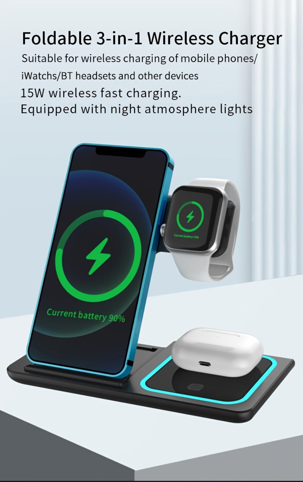 Wireless Charging Station, 3-in-1 15W MagSafe-Compatible Stand for iPhone, Apple Watch and AirPods in Three Colors