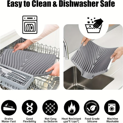 Kitchen Mat Set, 34.5x19-Inch Silicone Slope-Drain Drying Pads in Black or Gray, Single or 2-Piece Options