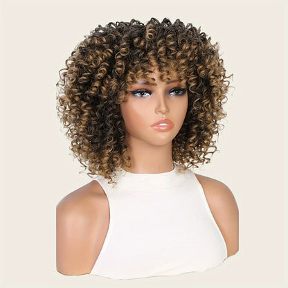Afro Kinky Curly Wig for Black Women Short Synthetic Hair with Bangs 180% High Density Natural Fluffy Curls Stretch Cap Daily Wear Party Cosplay Fits All Head Sizes