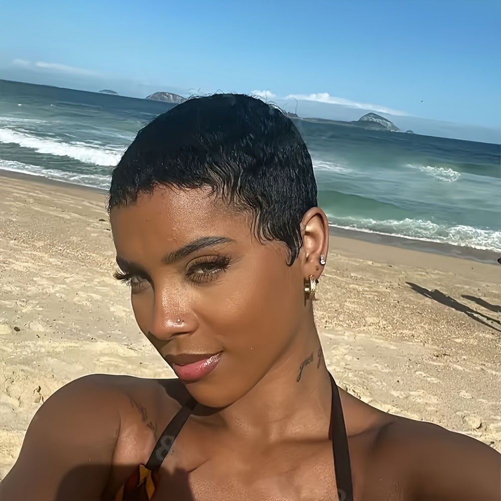 Deep Wave Pixie-Cut Human Hair Wig with Bangs and Short Full Cap in a Black 4-Inch Hair Style