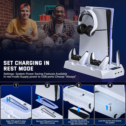 PS5 Cooling Station with Controller Charging Dock - Compatible with PS5 Slim Pro Standard Disc Digital