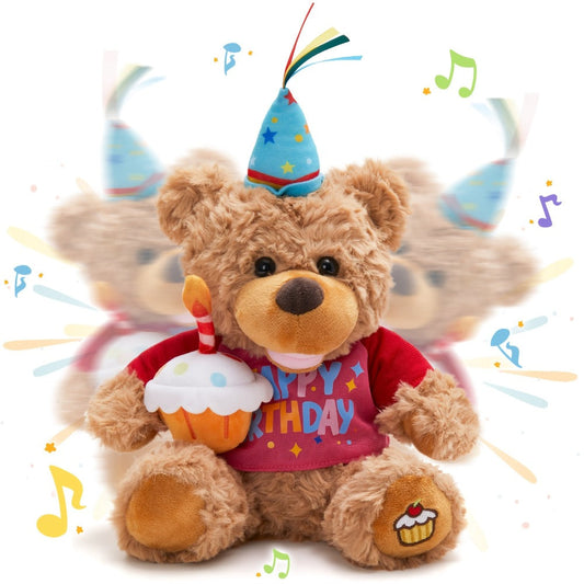 Singing Birthday Teddy Bear Plush Toy 13.5 Inch Interactive Stuffed Animal with Glowing Cupcake Candle Electric Music Bear Gift for Kids Girls Boys Baby Shower Christmas Holiday