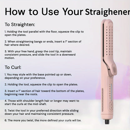 2-in-1 Airflow Curling Iron 360° Ceramic – Curl & Straighten Anti-Scald Hair Styler Wand with 5 Temps Cool Air Technology for Long & Short Hair – Pink, Black