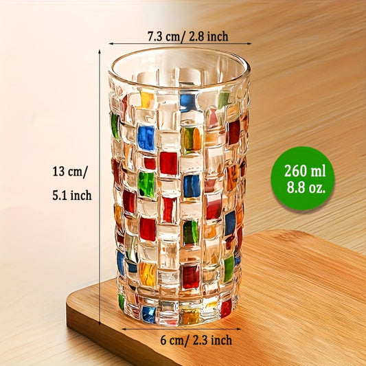 Hand-Painted Drinking Glasses Set – Colorful Square Lattice Woven Handcrafted Glass for Water, Juice, Whiskey & Beer – Artistic Decorative Glassware for Home Bar & Entertaining – 2pc or 4pc