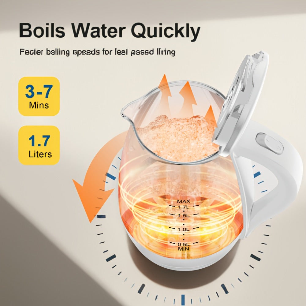 Glass Electric Kettle 1200W Fast Boiling – 57.48oz Tea Kettle with LED Indicator, Auto Shut-Off & Boil-Dry Protection, Elegant Transparent Design for Kitchen, Office & Camping
