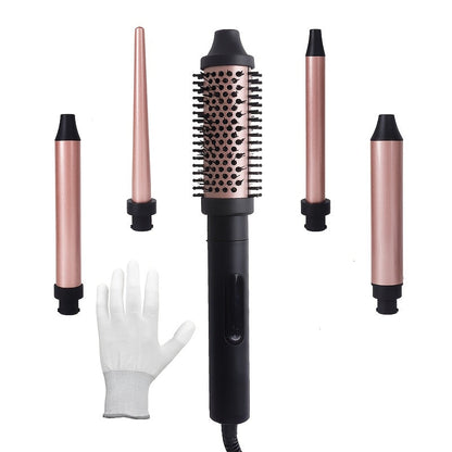 Ceramic Curling Iron Set 5-in-1 with Interchangeable Barrels & Heat Brush – Professional Hair Curler Wand Styling Kit for Long-Lasting Waves & Curls, All Hair Types Women, Includes Heat Gloves & Clips