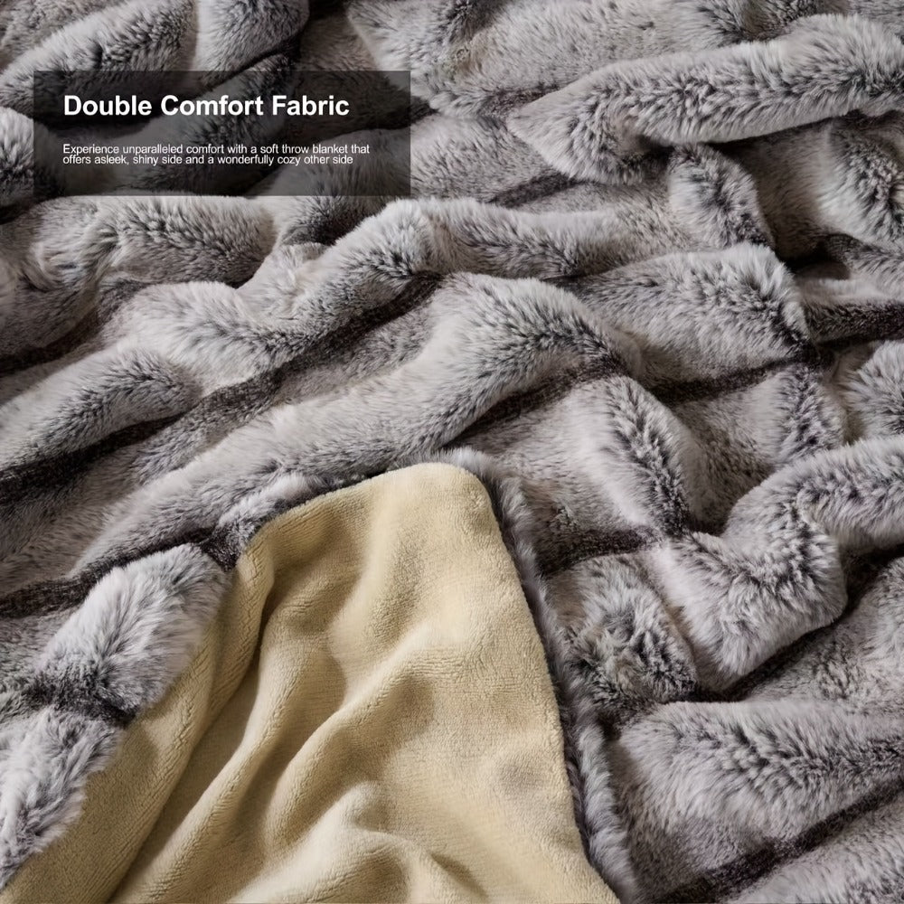 Double-Layer Faux Rabbit Fleece Blanket in Grey, Khaki or Beige with Five Sizes from Small Throw to King