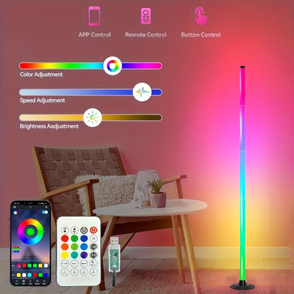 Slim RGB+IC Corner Floor Lamp with Segmented Light Bar, App and Remote Controls, Music Sync and One- or Two-Lamp Options