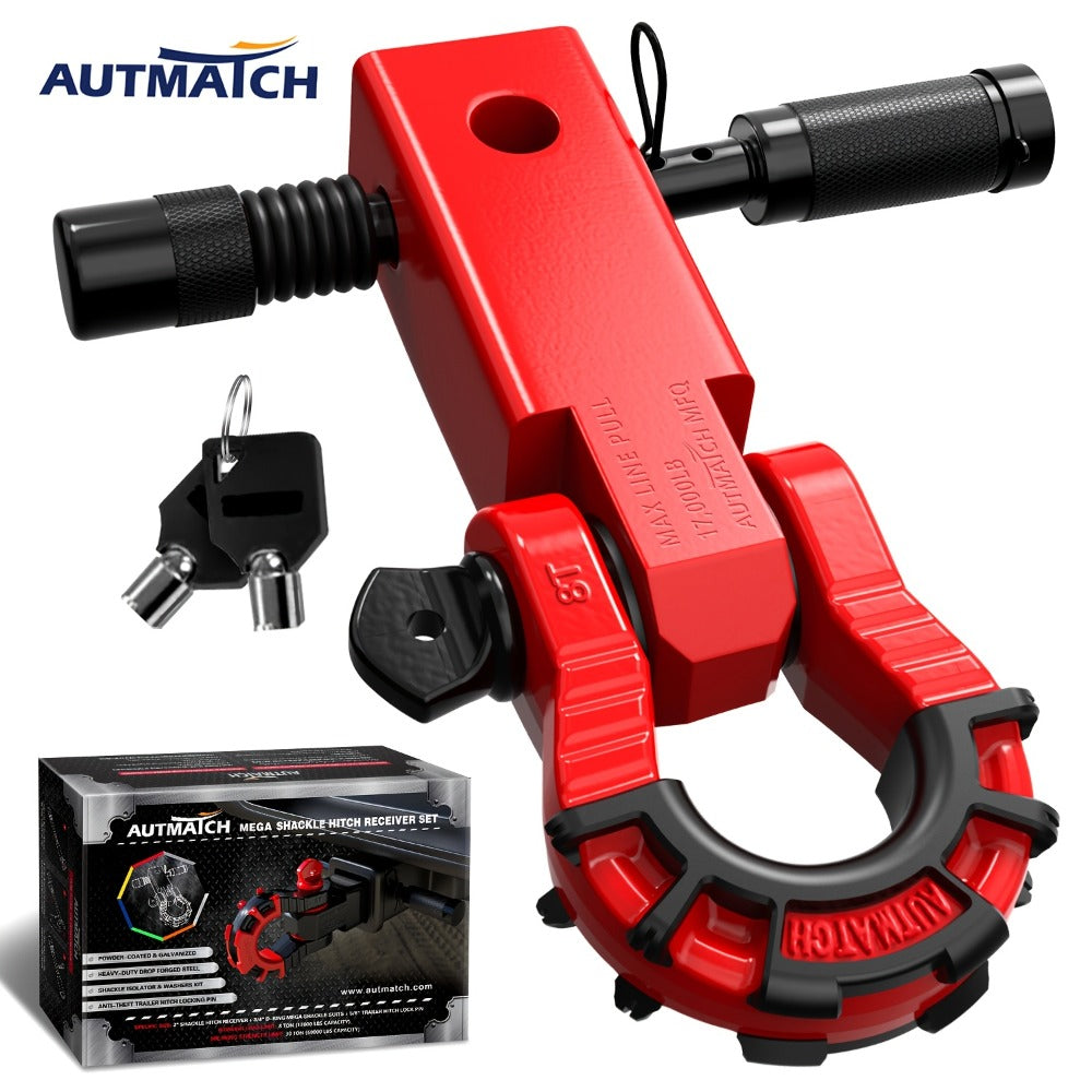 Shackle Hitch Receiver 2-Inch 68,000 lb Break Strength with 3/4" D-Ring & 5/8" Hitch Lock Pin – Heavy Duty Drop Forged Steel 8-Ton Vehicle Recovery Tow Hitch, Multi-Color