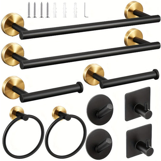 10-Piece Bathroom Hardware Set SUS304 Stainless Steel Wall Mounted Towel Bar Toilet Paper Holder Robe Hooks Gold Black