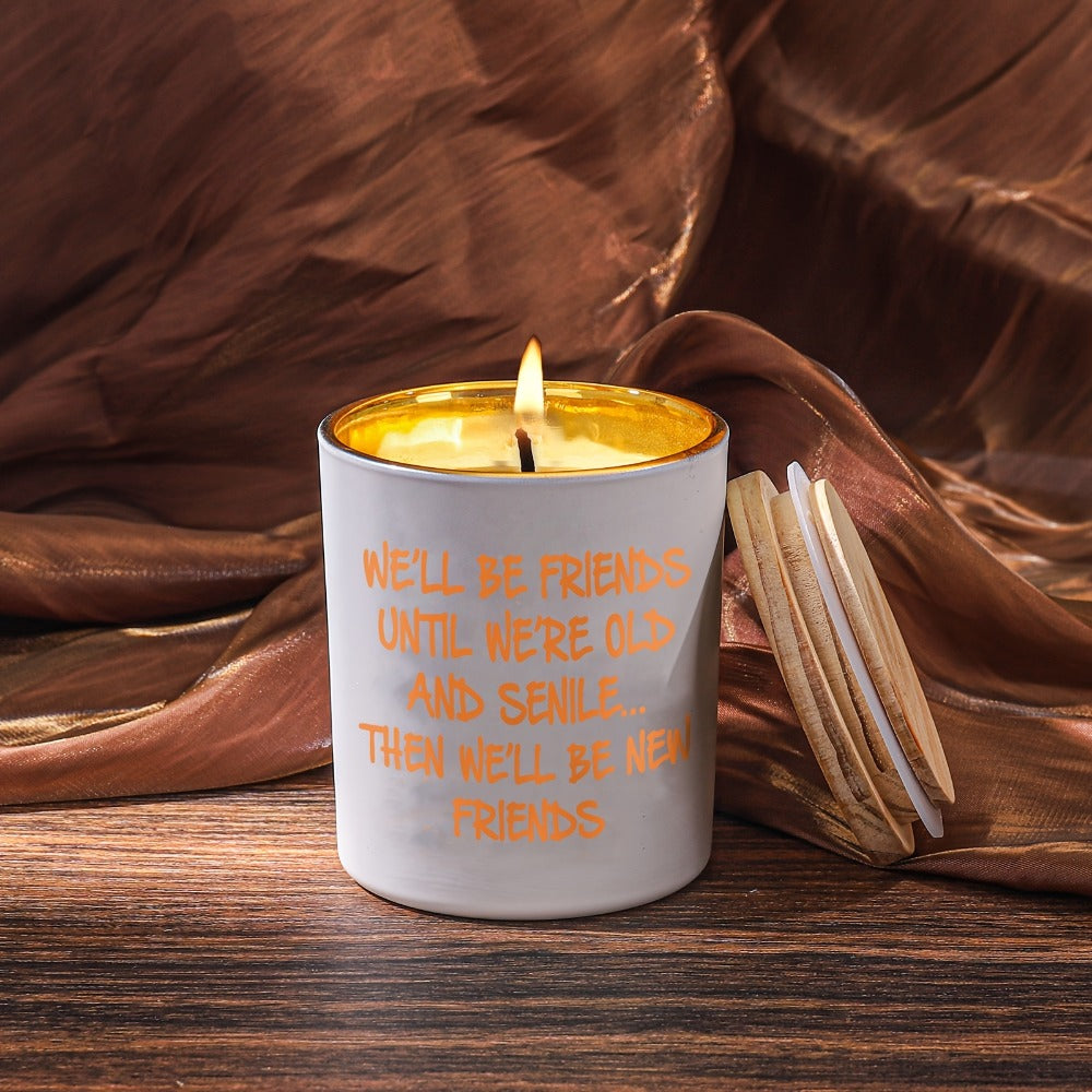 6oz Lavender-Labeled Candle in White Glass Jar with Wood Lid and Friendship Message Artwork