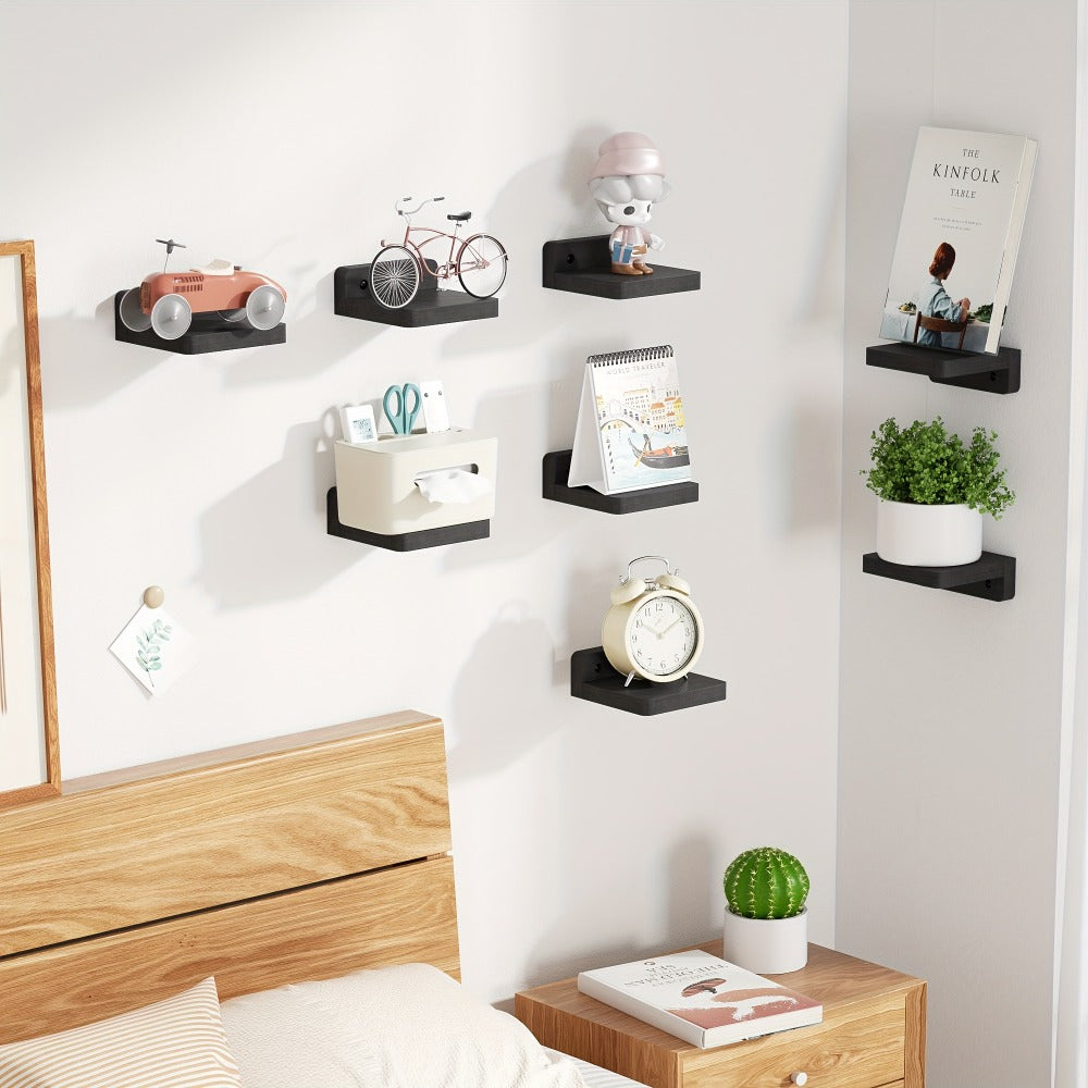 Eight-Piece 4-Inch Wall Shelf Set with Compact Square Ledges, Pure Black Finish and Mounting Hardware