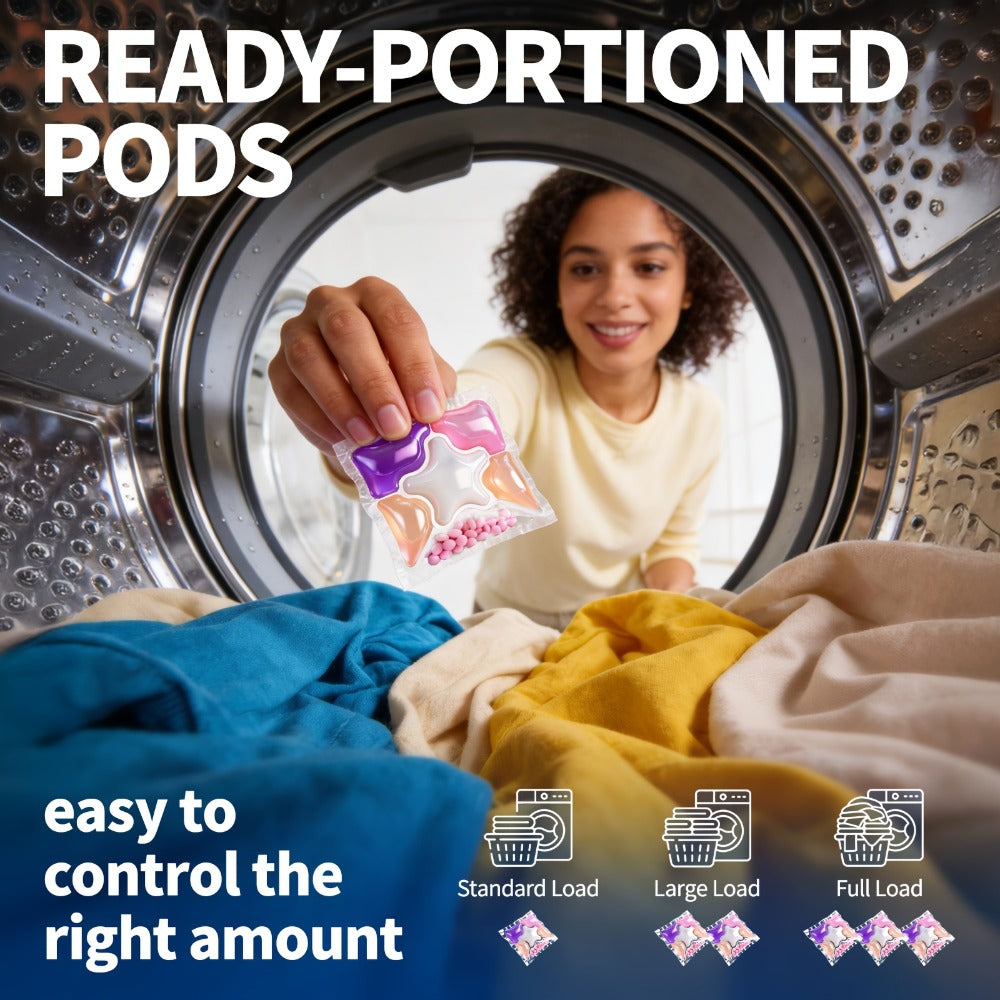 Laundry Detergent Gel Pods, 60-Count 480g Pack in a Clear Six-Cell Handled Storage Tub with Multicolor Pods