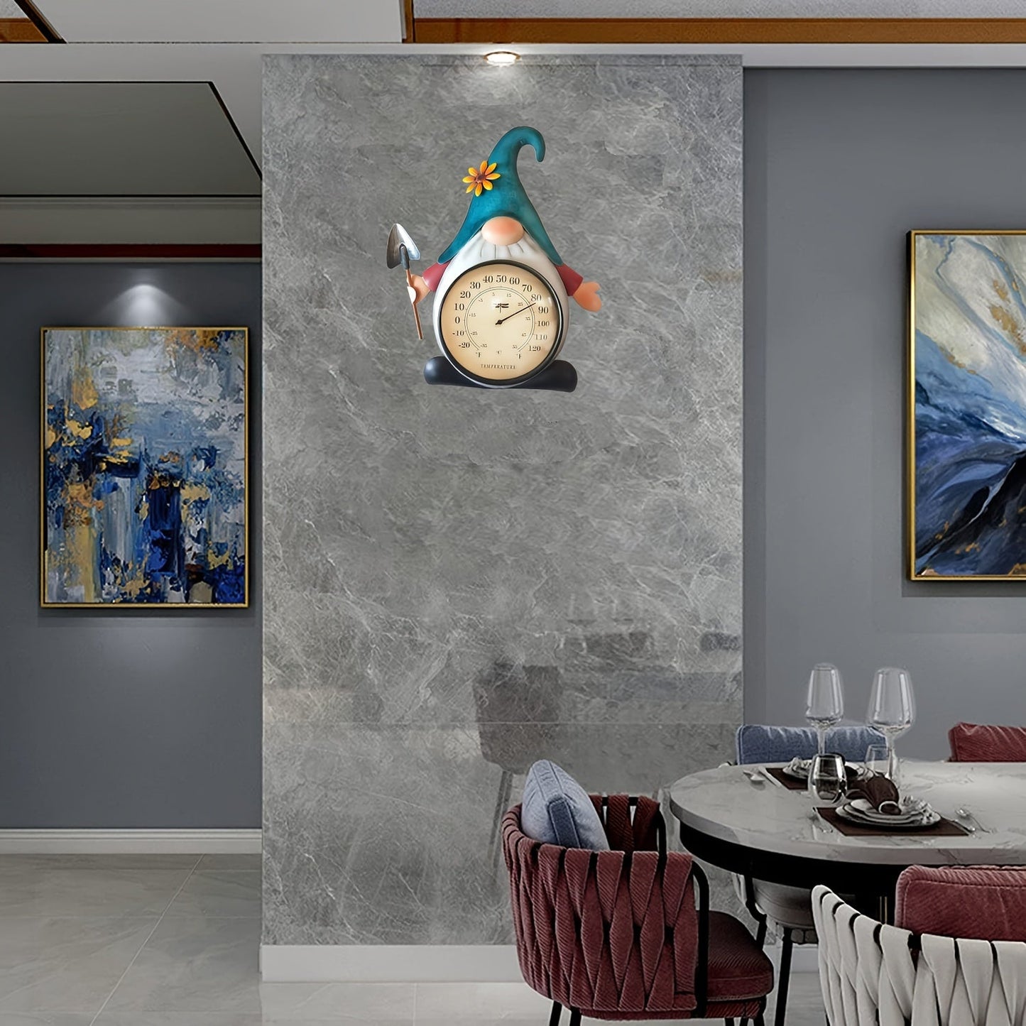 Metal Gnome Analog Thermometer Wall Decor with Teal Hat, Flower Accent and Round Temperature Dial
