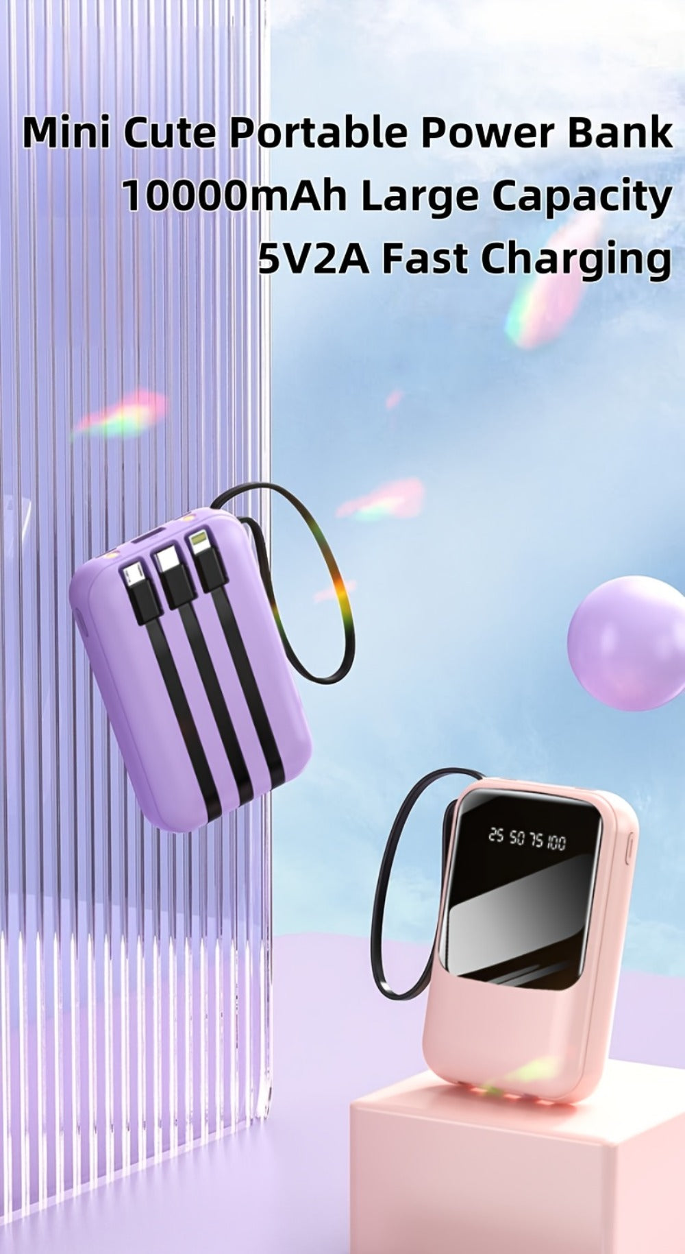 10000mAh Mini Power Bank 22.5W Super Fast Charging with 4 Built-In Cables – LED Display Cute Compact Portable Charger for iPhone Samsung Android Travel Outdoor Emergency Battery Pack