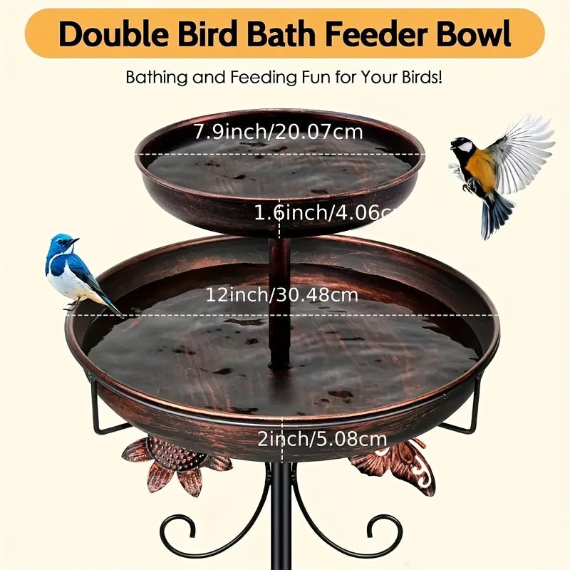 Two-Tier Bird Bath and Feeder with 5-Claw Ground Stake, Copper-Color Bowls and Leaf Accents
