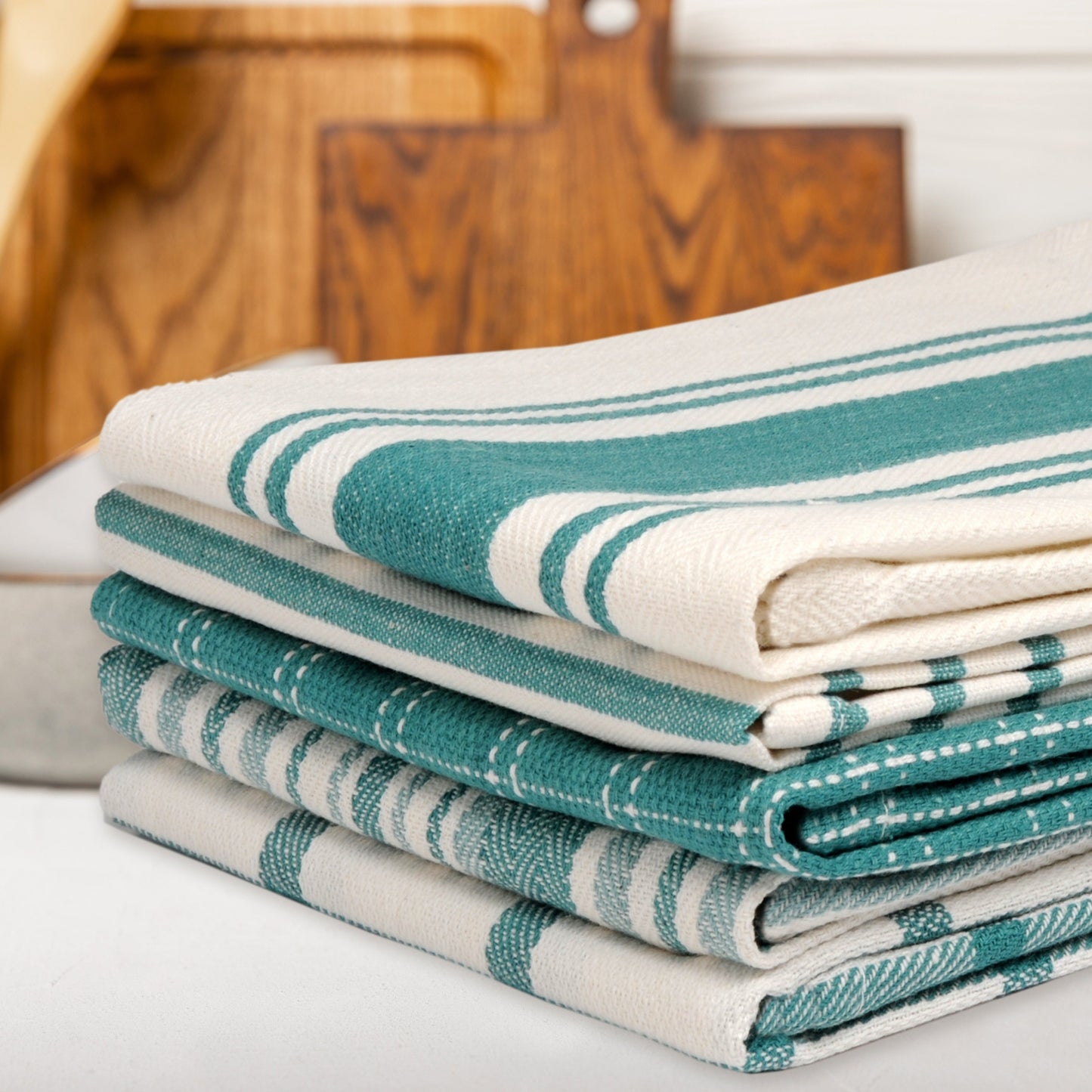 Ten-Pack Cotton Flat-Weave Kitchen Towel Set with Stripe, Check and Solid-Border Designs in Nine Colors