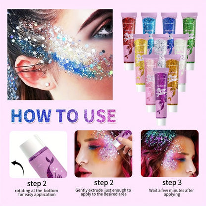 30-Piece Face and Body Glitter Gel Set with Mermaid Shapes, Stars and Hearts for Festival Makeup