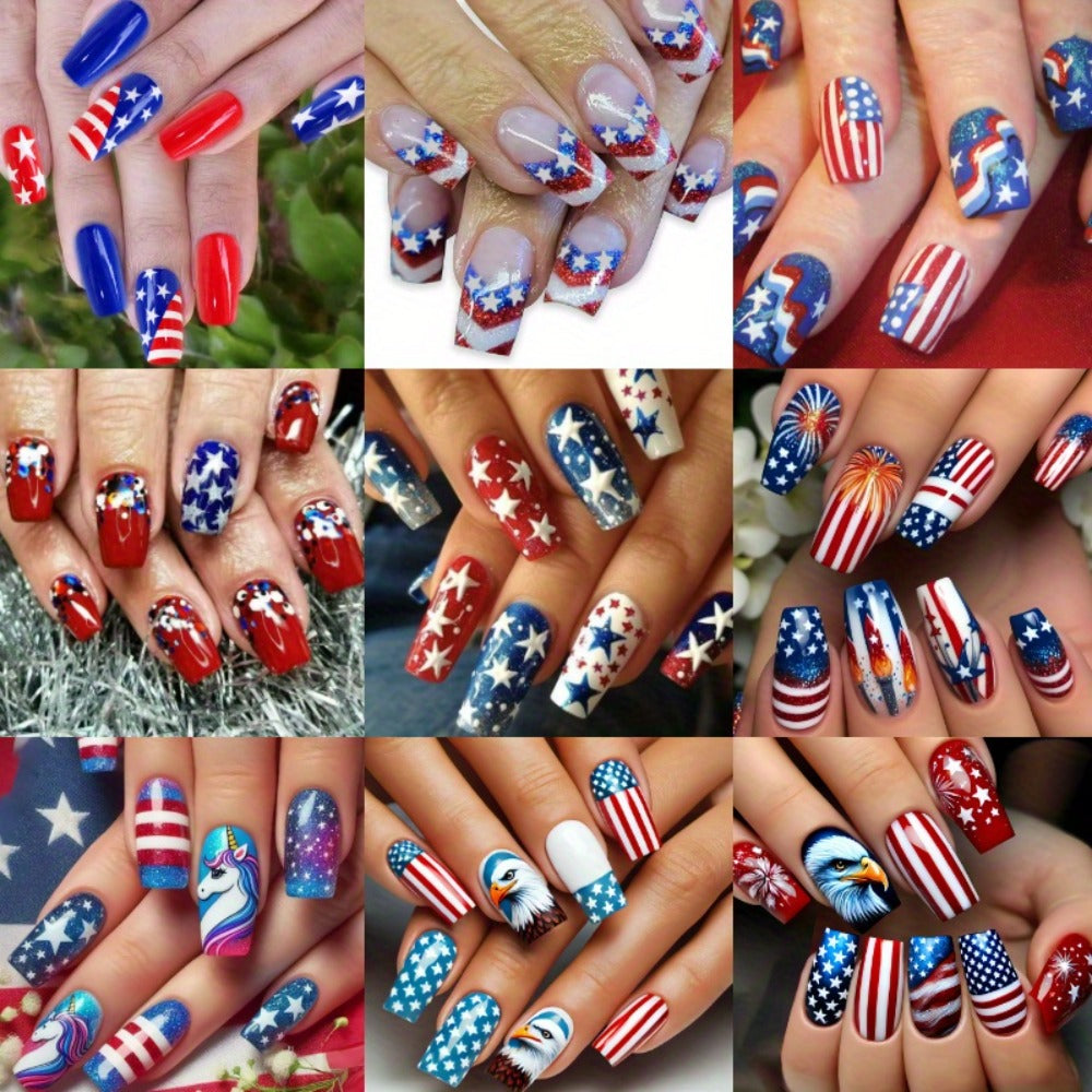 Press On Nails 216-Piece Medium Coffin Nine-Pack Red White Blue Stars and Stripes Patriotic Set