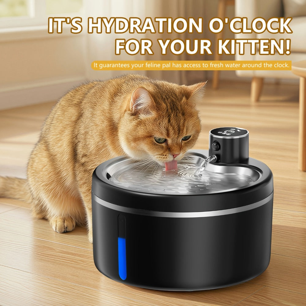 2.5L Cordless Pet Water Fountain with Black Stainless-Steel-Marked Basin, 4000mAh Battery and Water Window