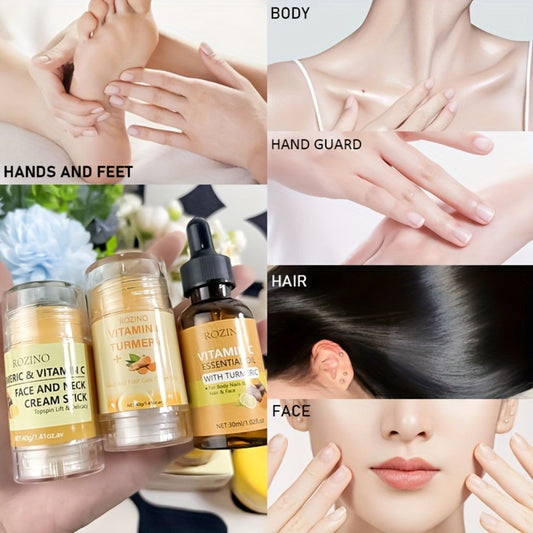 Turmeric Vitamin C Body Care Set 5pcs — Brightening Hydrating Moisturizing Cream for Face, Hands & Feet, Instant Plumping Softening Smoothing Skincare Gift Set for Women