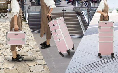 Four-Section Rolling Makeup Train Case with Removable Stack, Telescoping Handle and Four Color Finishes