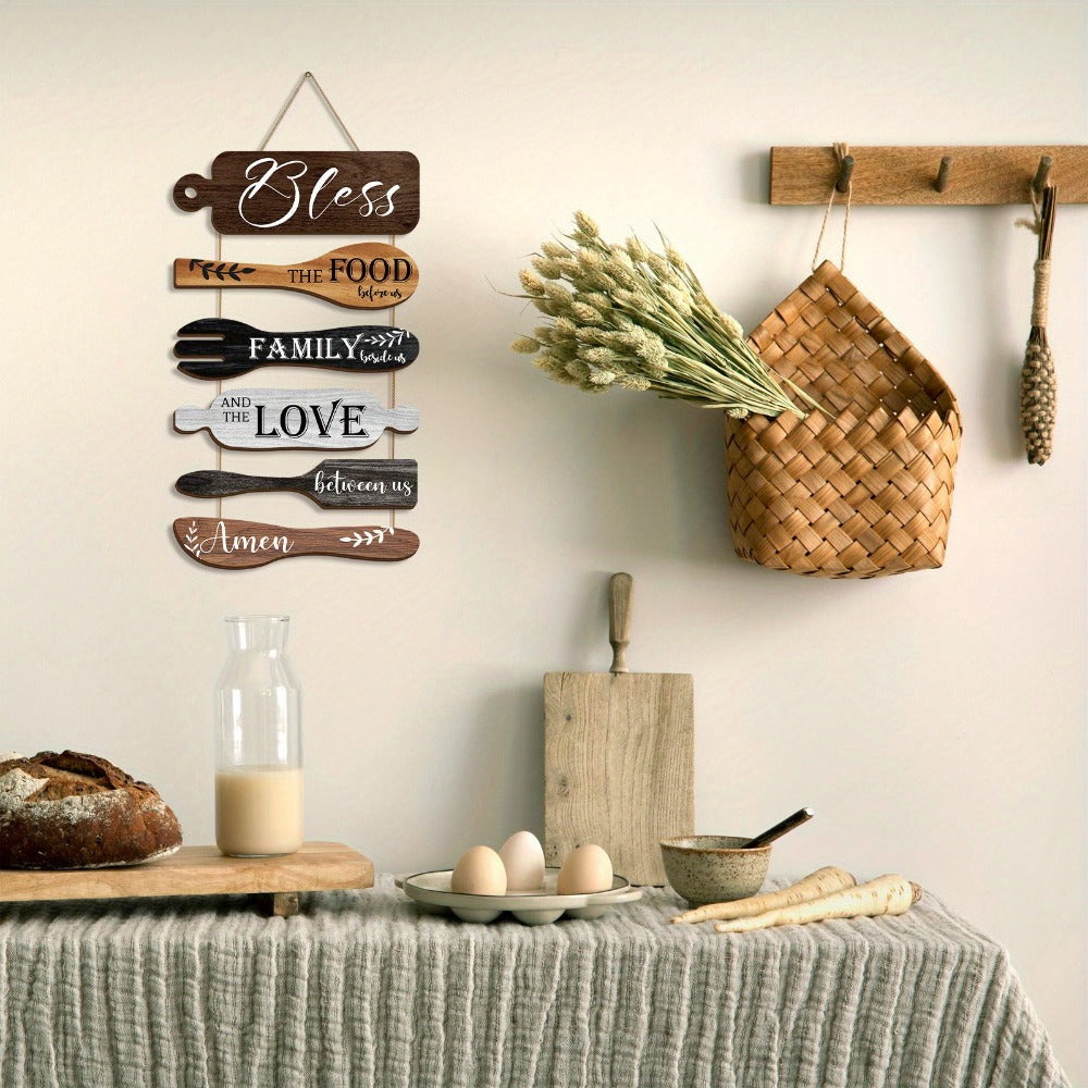 Farmhouse Wall Decor Wood Sign Set - "Bless The Food Before Us" Rustic Kitchen Dining Room Hanging Plaque