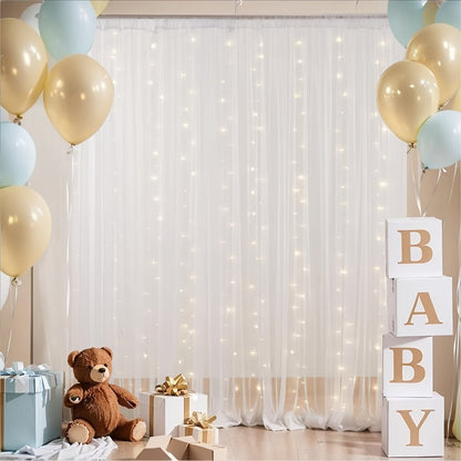 White Sheer Photography Backdrop Set with Two 5.2 x 10 ft Panels, USB String Lights and 10 Clips