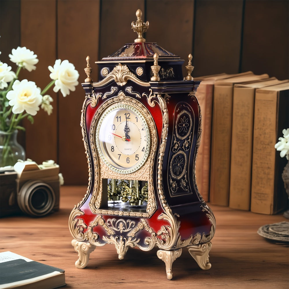 Ornate Brown-Red Tabletop Alarm Clock with Analog Dial, Decorative Pendulum Window and 14-Inch Height