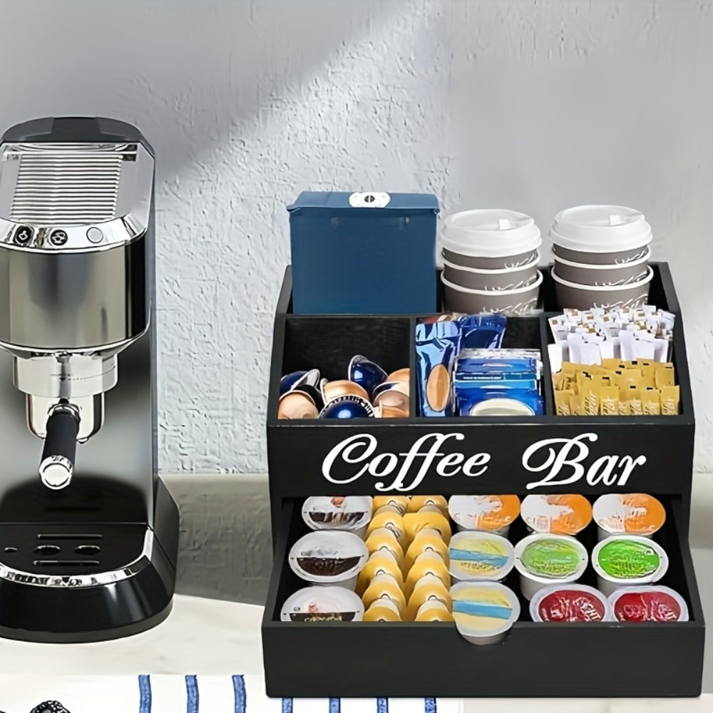 Coffee Bar Station Kitchen Organizer Wood Countertop Rack with Five Compartments and One Drawer