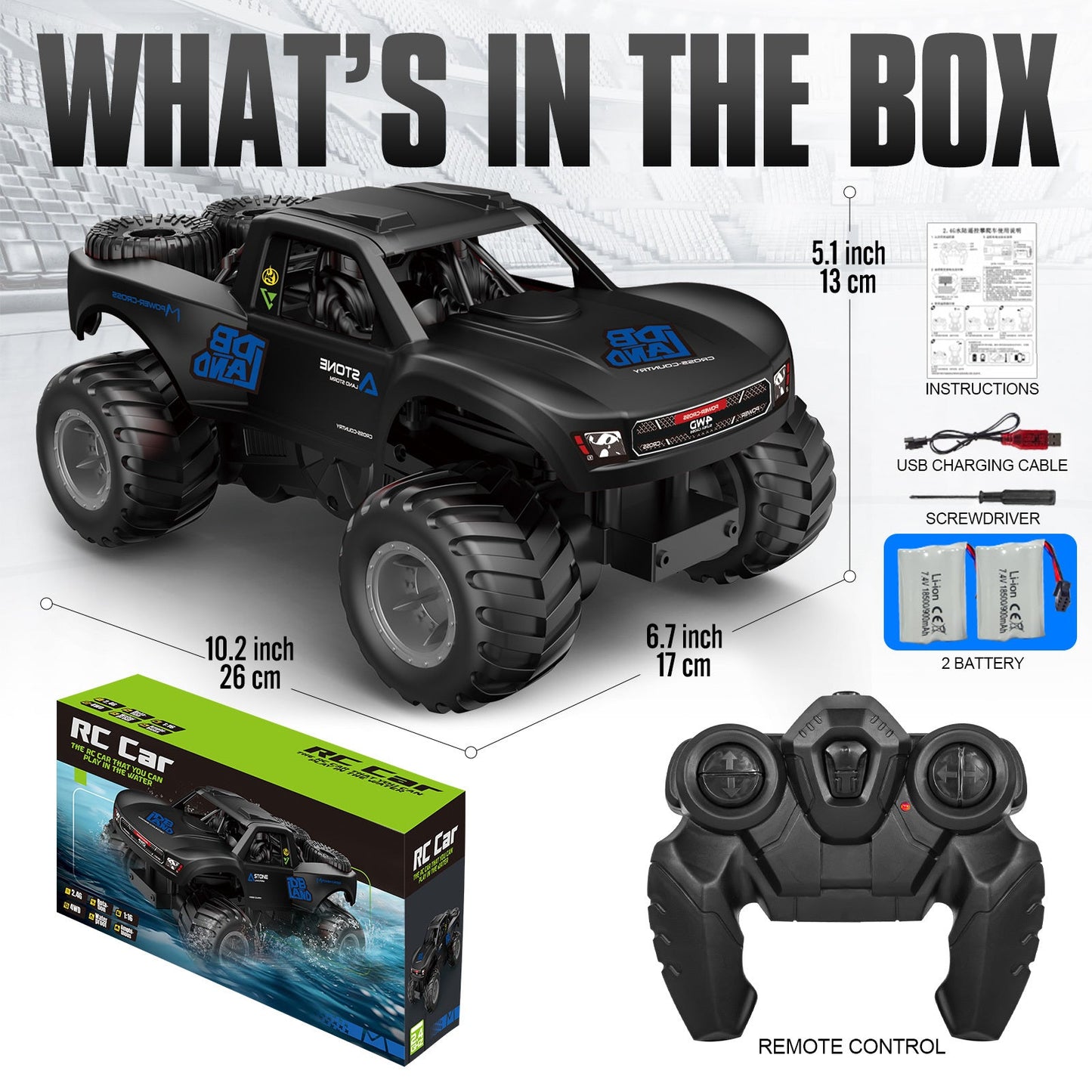 RC Monster Truck or Pickup 1:16 Scale in Five Body and Color Styles with 4WD Layout and Two Rechargeable Batteries