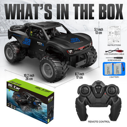 RC Monster Truck or Pickup 1:16 Scale in Five Body and Color Styles with 4WD Layout and Two Rechargeable Batteries