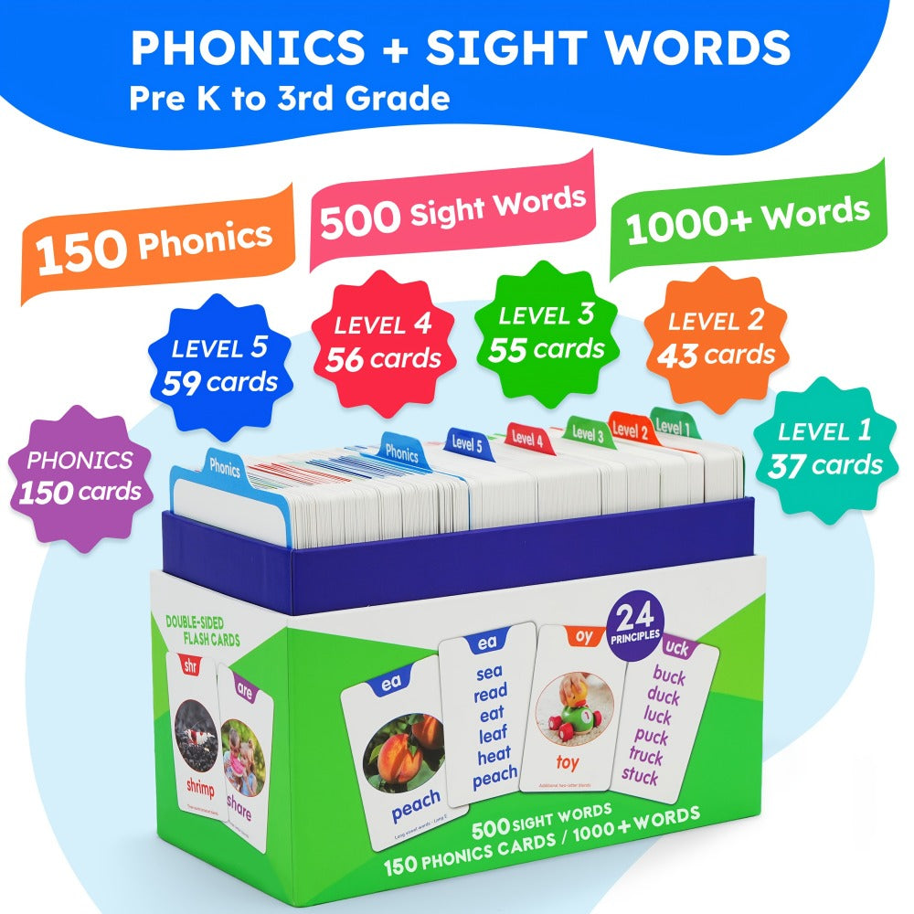 Sight Words and Phonics Flash Card Set with 500 Sight Words, 150 Phonics Cards and Three Learning Levels