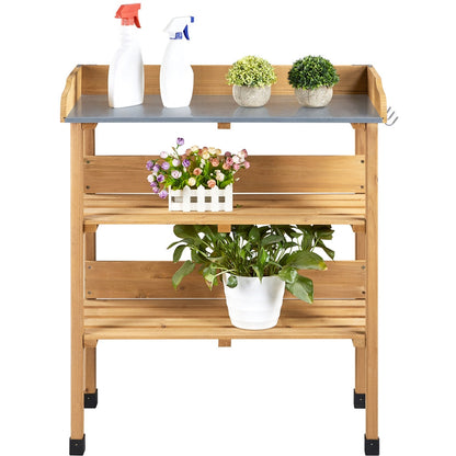 Rolling Potting Bench 3-Tier Wooden Garden Workstation Waist-High Galvanized Metal Top Lockable Casters Side Hooks Shelves for Outdoor Patio Gardening Storage